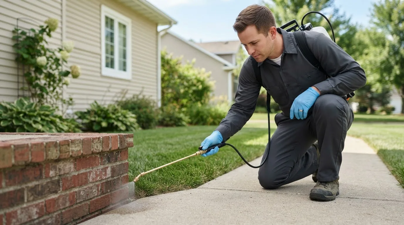 Pest control technician treating a home near Wood River Junction, RI